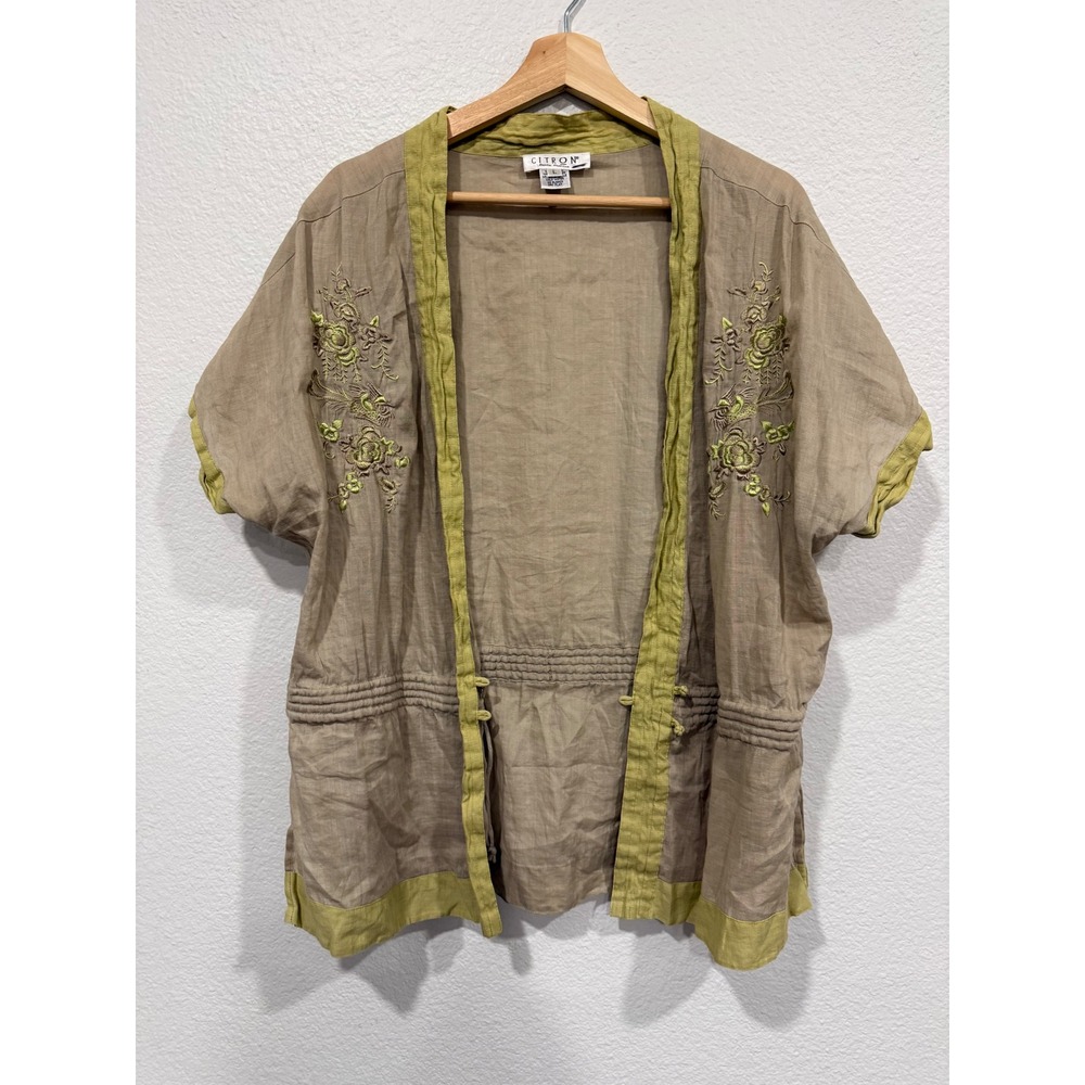 Citron Santa Monica Embroidered Kimono Top Tan Green Ramie Cotton - Large